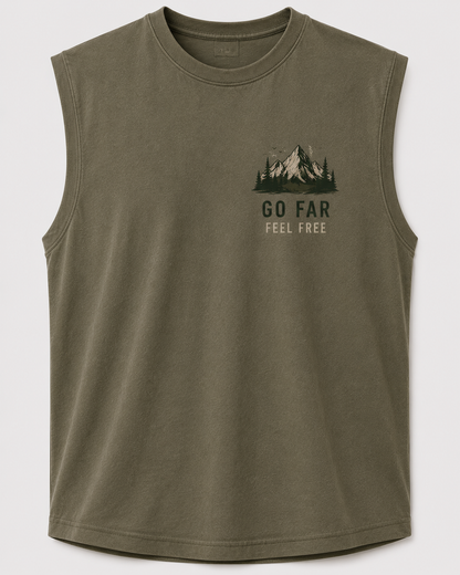 SLEVNESS Go Far Feel Free Sleeveless Tee front view