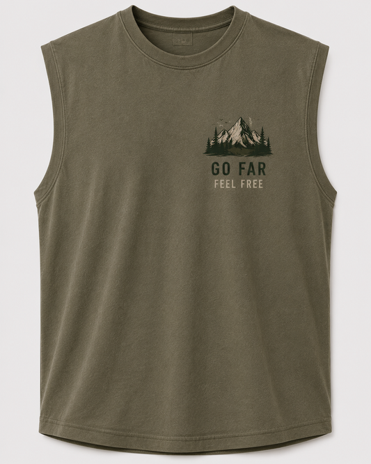 SLEVNESS Go Far Feel Free Sleeveless Tee front view